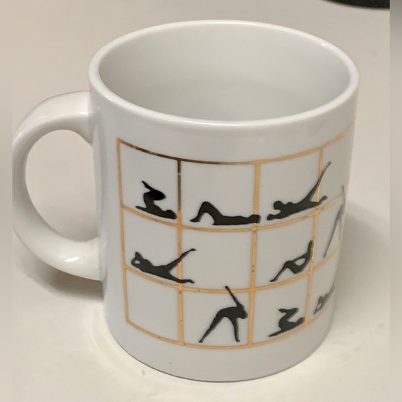 1980s Vintage Gold Trim Lattice Ceramic Yoga Poses Aerobic Exercise Coffee Mug - Picture 9 of 16